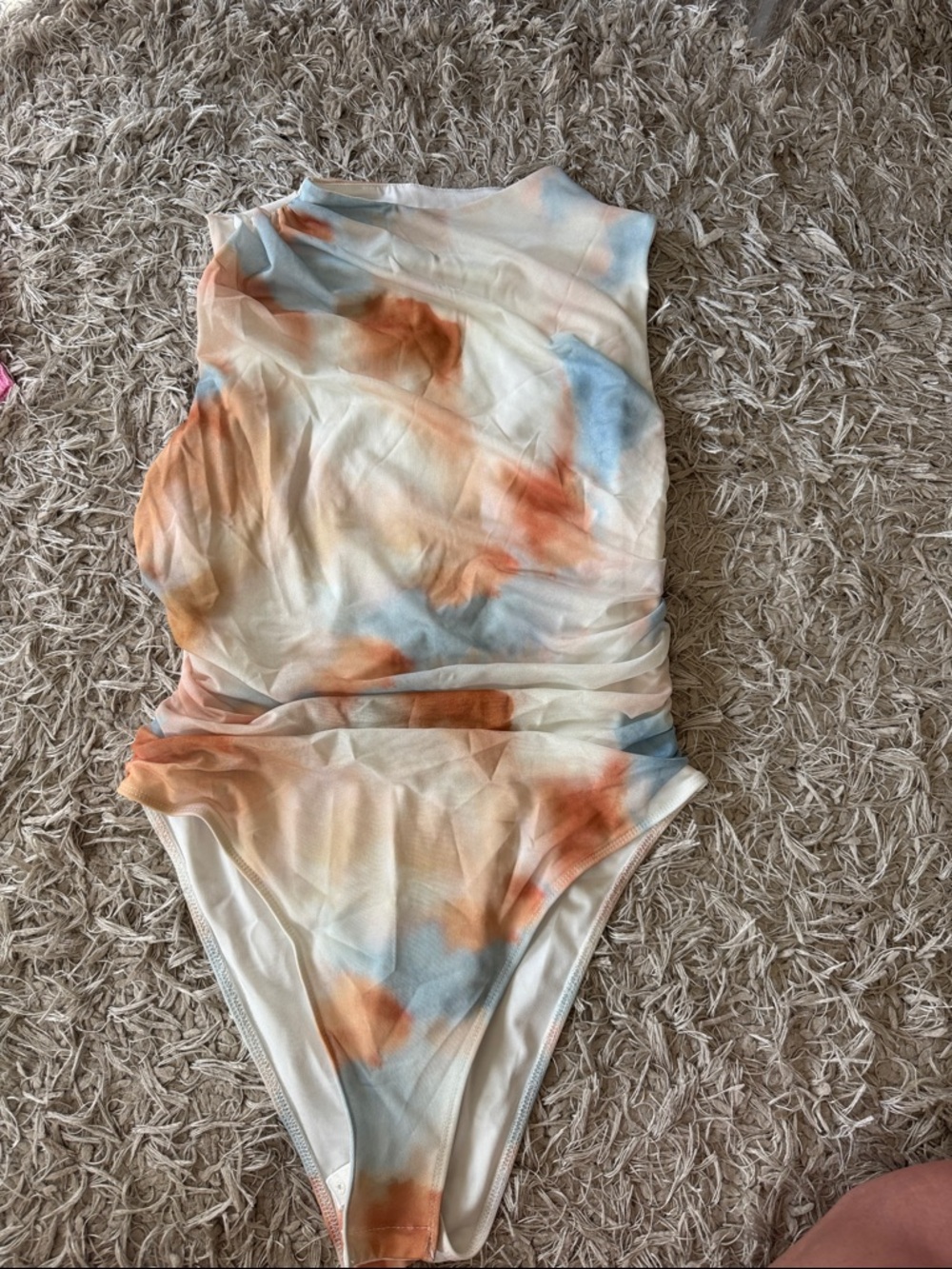 Sleeveless Tie-Dye High-Cut Bodysuit in Cream, Blue & Orange